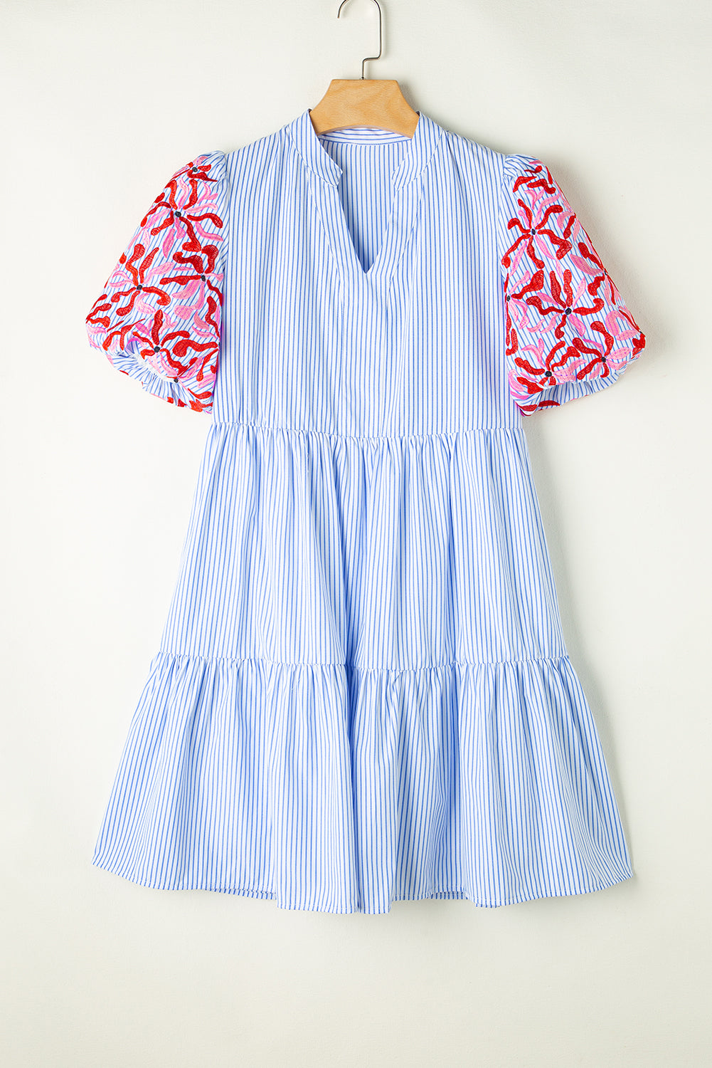 Sky Blue Stripe Contrast Floral Puff Sleeve Tiered Ruffle Dress  Cupcakes  and Cheer Boutique LLC