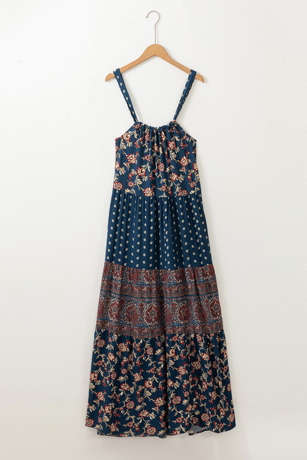 Blue Boho Floral Splicing Sleeveless Maxi Dress