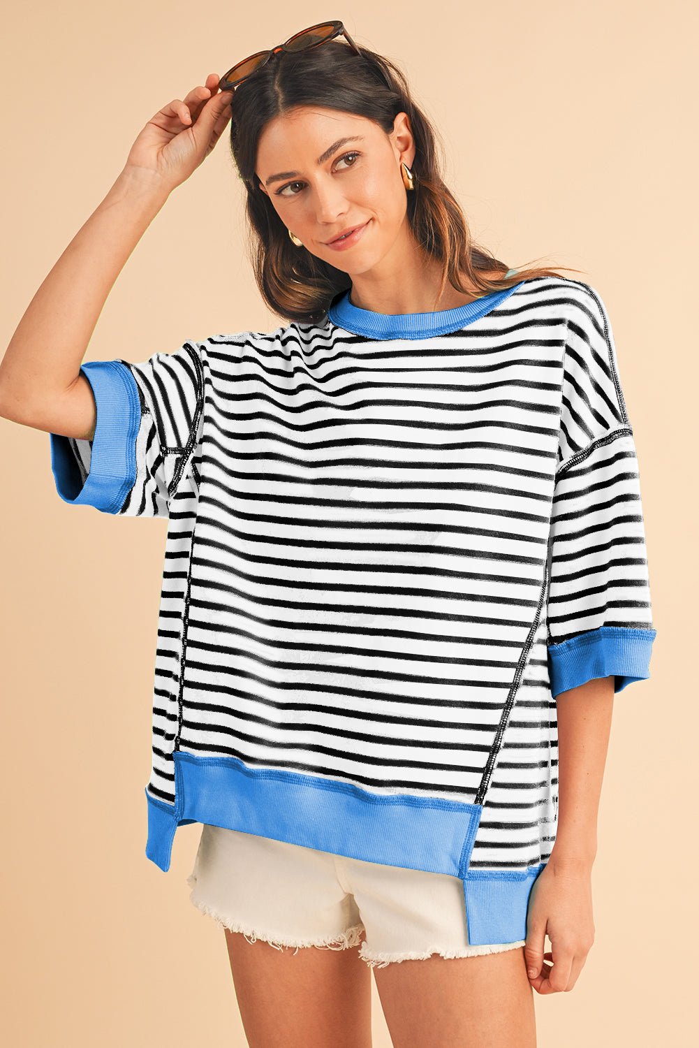 Sky Blue Stripe Contrast Drop Sleeve Loose Top