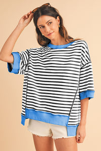 Sky Blue Stripe Contrast Drop Sleeve Loose Top