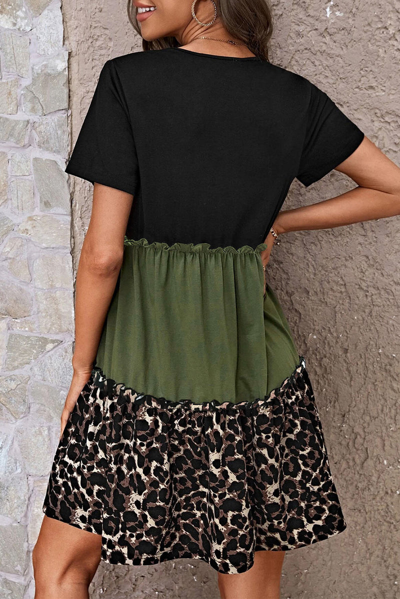 Jungle Green Leopard Print Colorblock Frill Trim T-shirt Dress