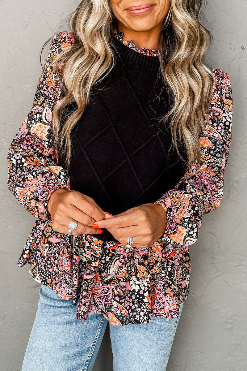 Black Cable Knit Contrast Floral Sleeve Peplum Sweater