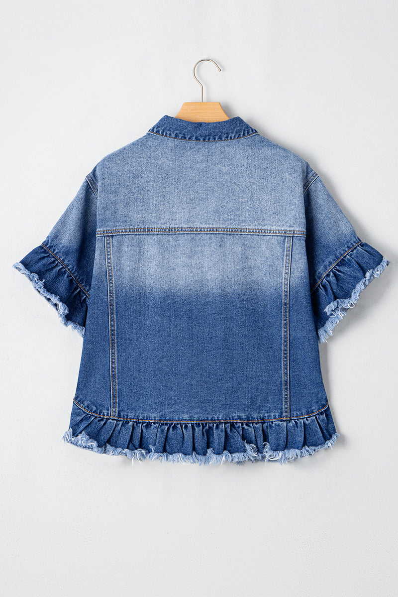 Peacock Blue Raw Edge Ruffled Short Sleeve Denim Jacket