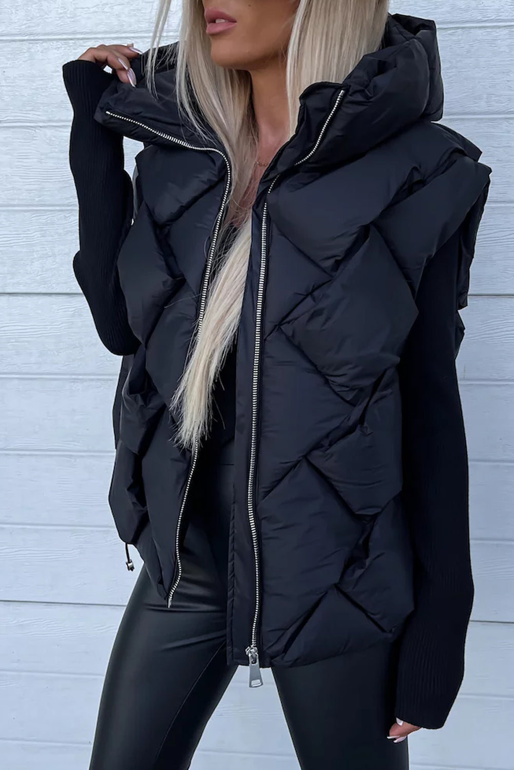 Black Quilted Zipper Front Thermal Hooded Vest Coat