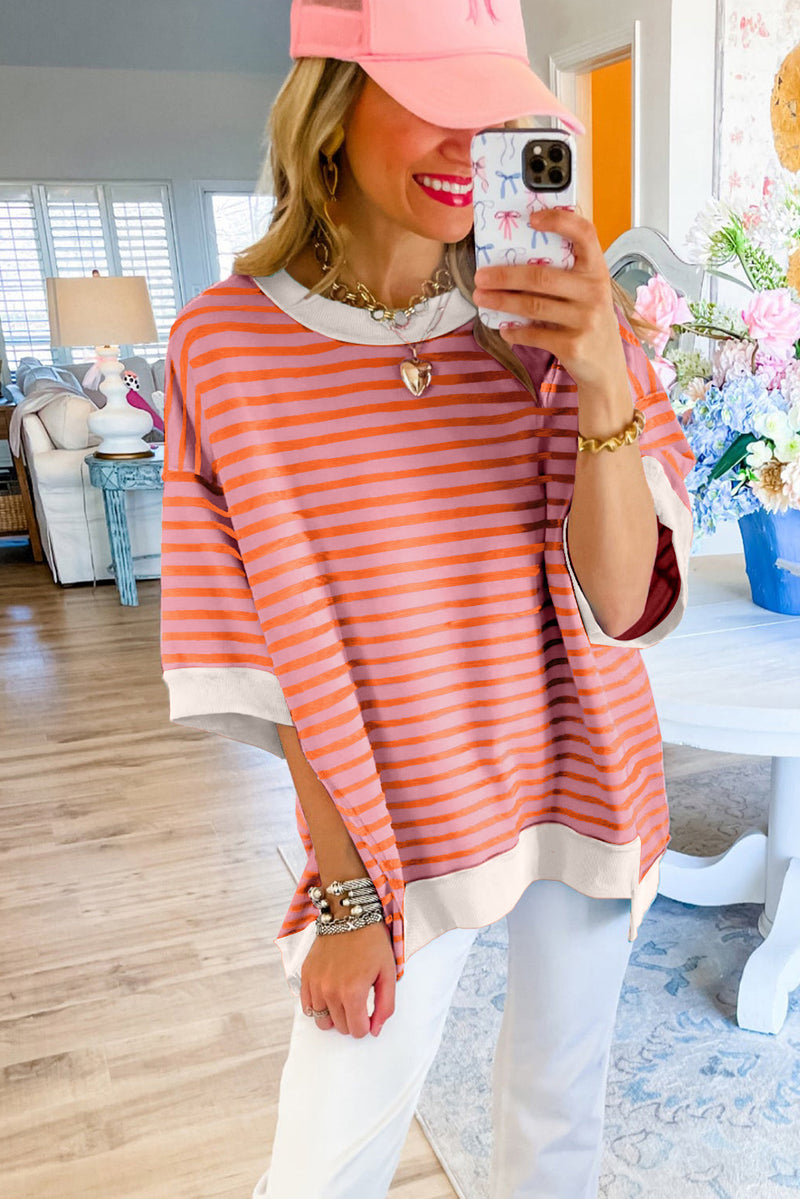 Sky Blue Stripe Contrast Drop Sleeve Loose Top