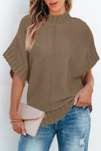 Desert Palm Mock Neck Batwing Short Sleeve Knit Sweater