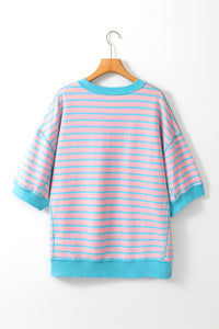 Sky Blue Stripe Contrast Drop Sleeve Loose Top