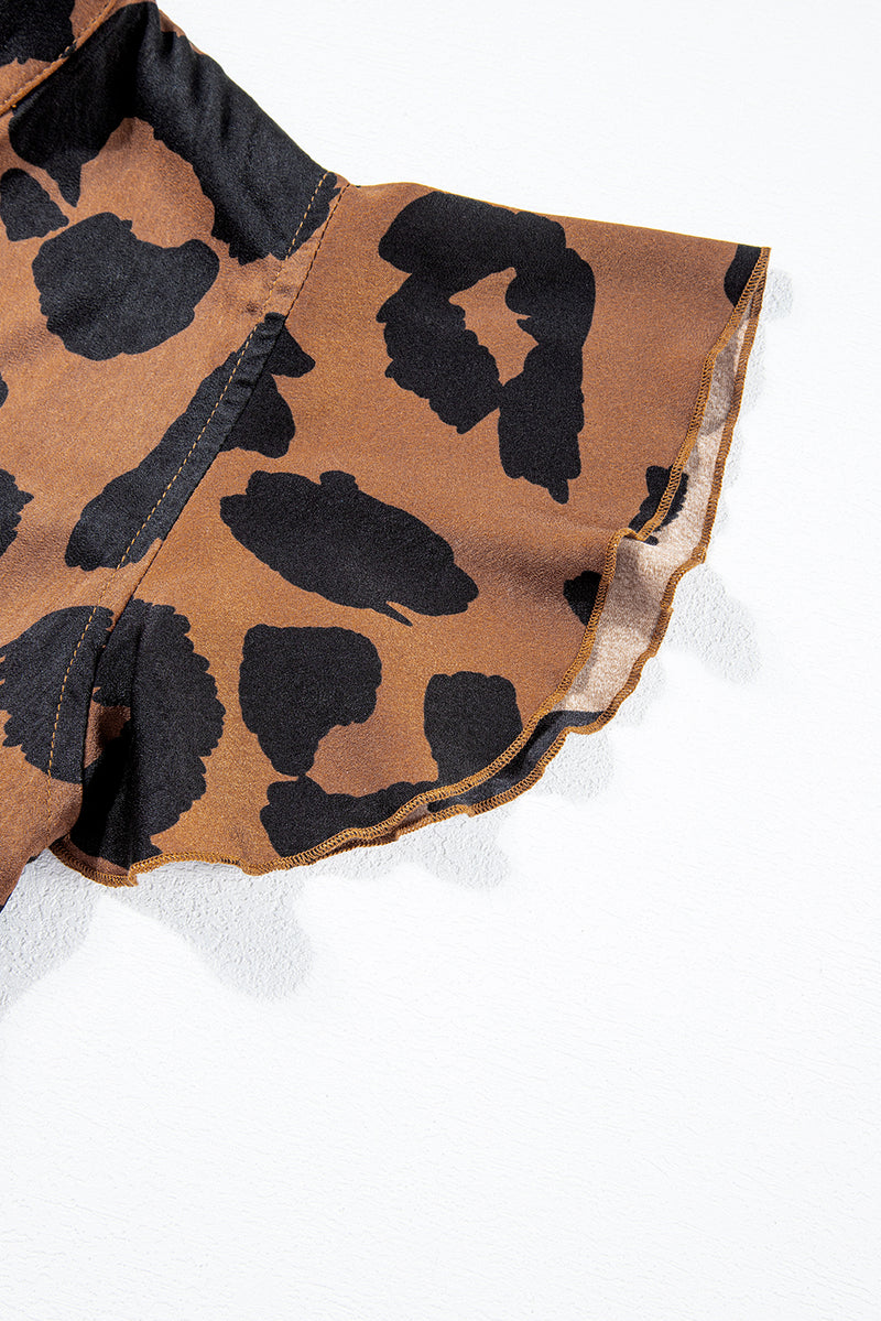 Brown Leopard Ruffled Flutter Sleeve Split Neck Blouse