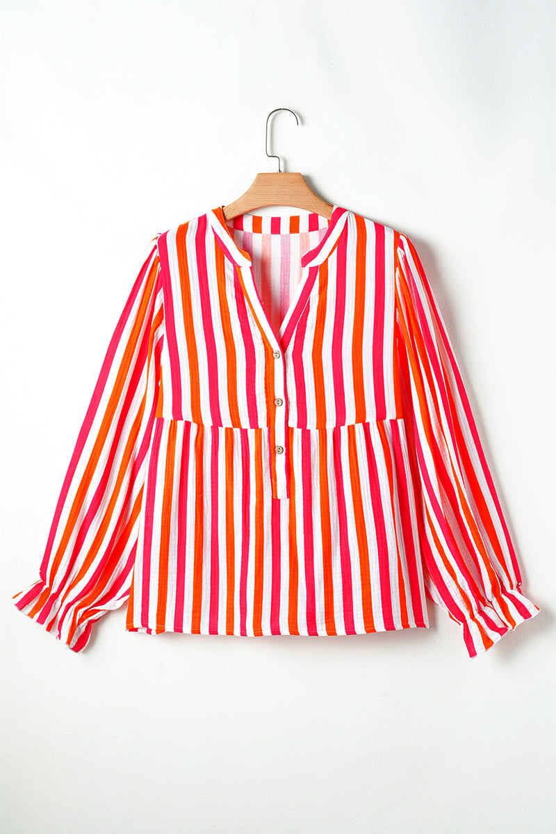 Orange Stripe Balloon Sleeve Notched V Neck Buttoned Front Blouse