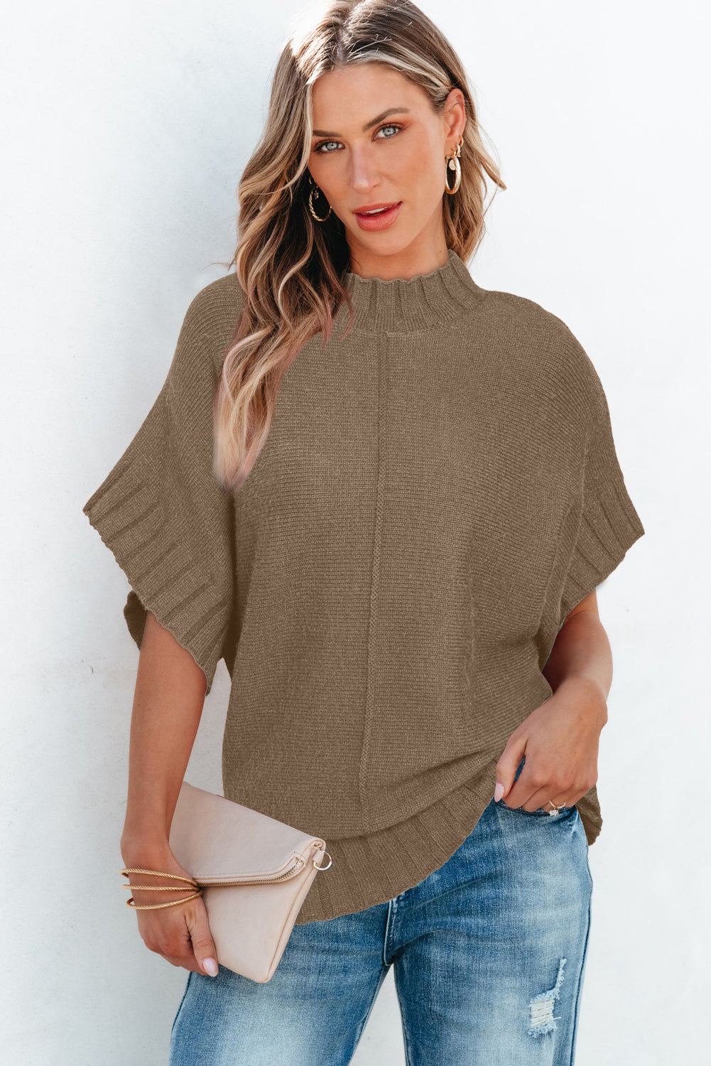 Desert Palm Mock Neck Batwing Short Sleeve Knit Sweater