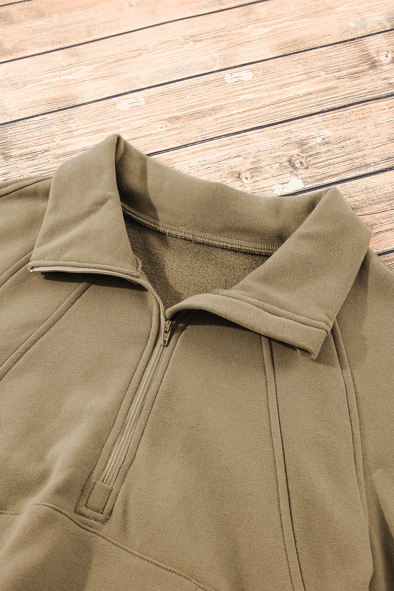 Brown Zip Up Stand Collar Thumbhole Sleeve Sweatshirt