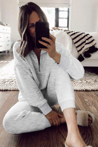 Gray Solid Color Half Zipped Top and Drawstring Pants Loungewear Set
