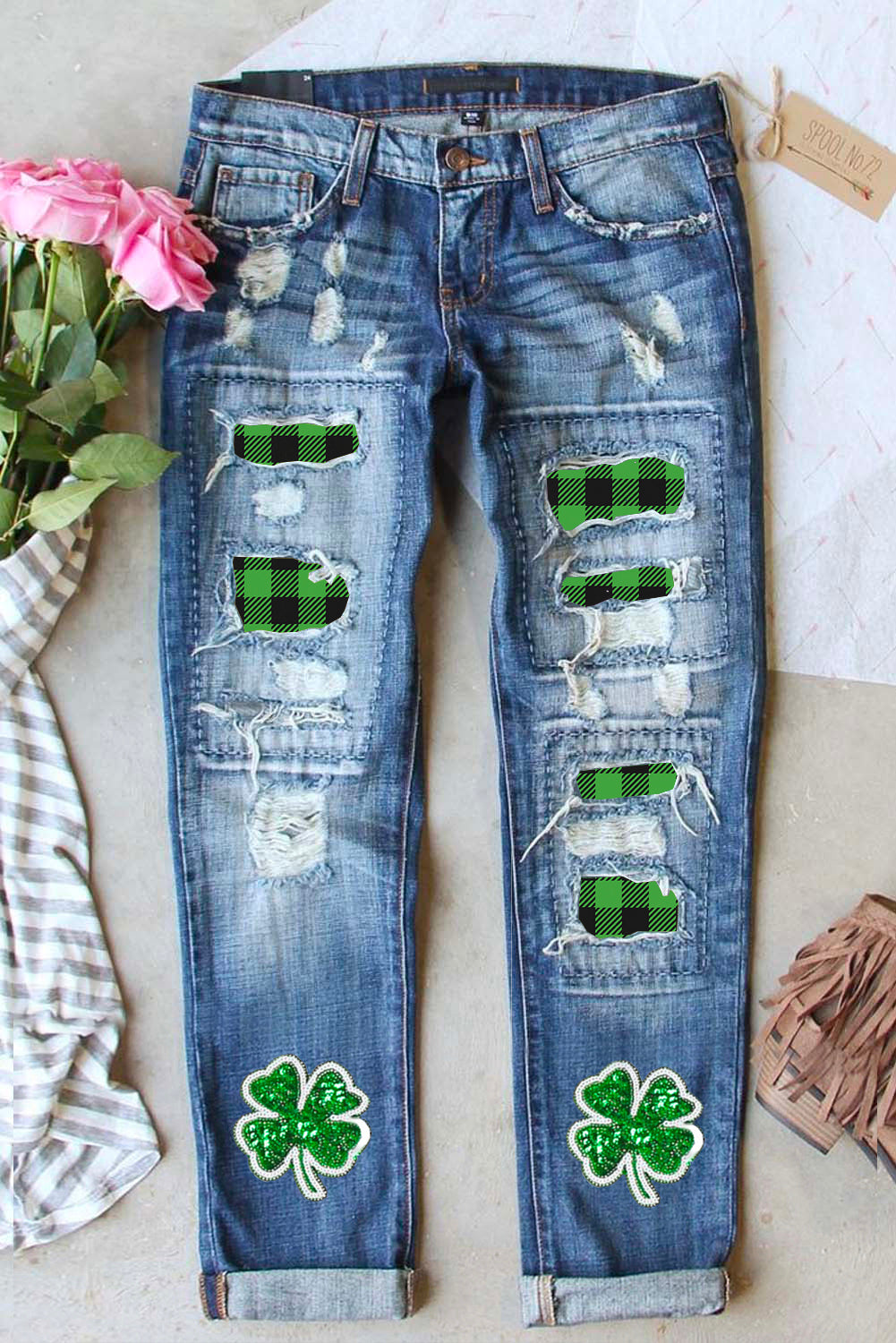 Sky Blue Glitter Clover Patch Graphic Plaid Insert Distressed Jeans
