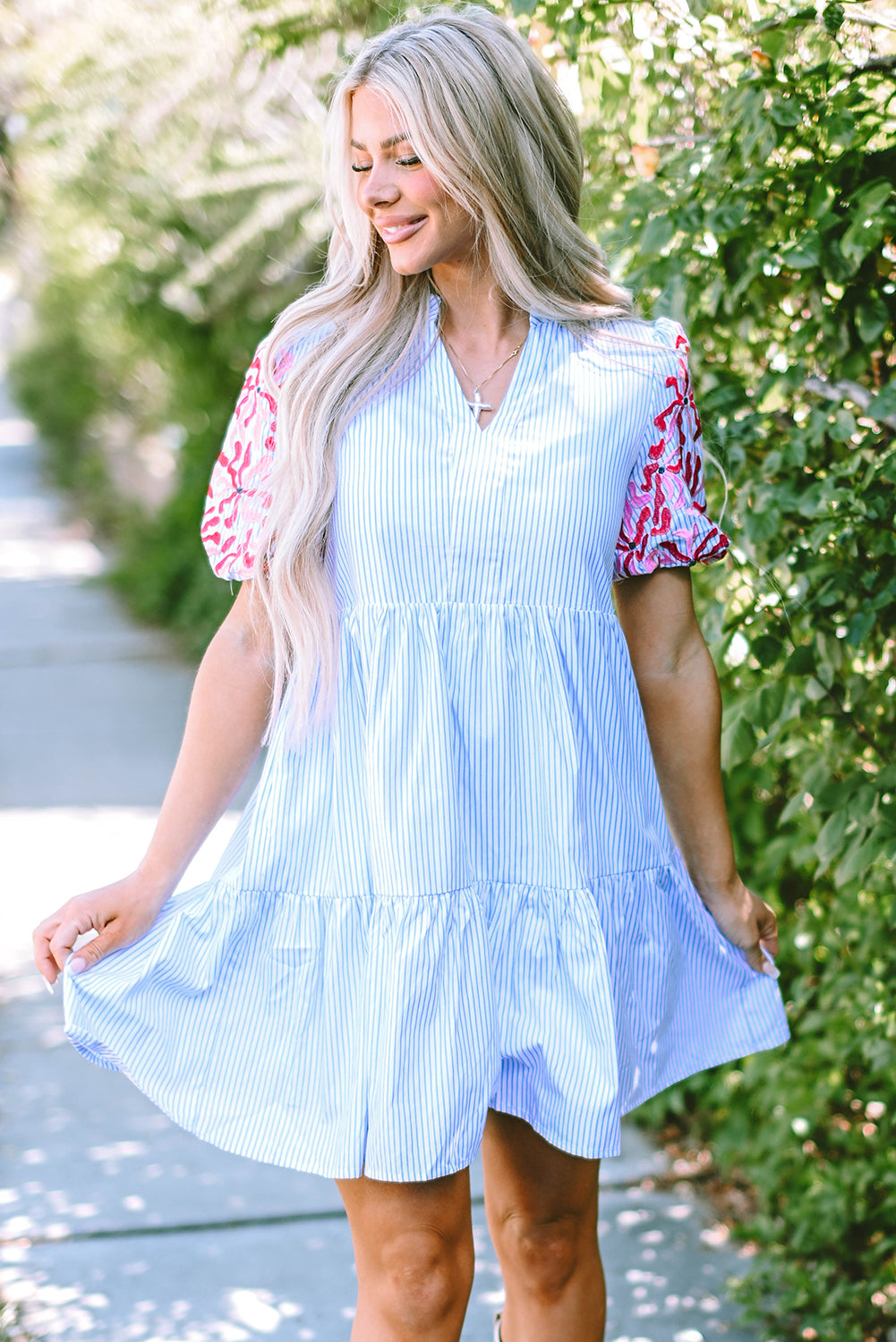 Sky Blue Stripe Contrast Floral Puff Sleeve Tiered Ruffle Dress Cupcakes and Cheer Boutique LLC Sky Blue Stripe Contrast Floral Puff Sleeve Tiered Ruffle Dress Cupcakes and Cheer Boutique LLC