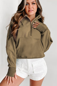 Brown Zip Up Stand Collar Thumbhole Sleeve Sweatshirt