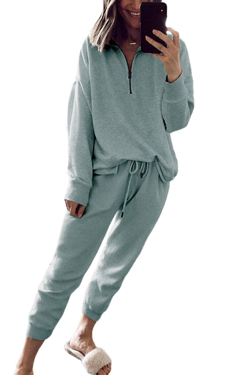 Gray Solid Color Half Zipped Top and Drawstring Pants Loungewear Set