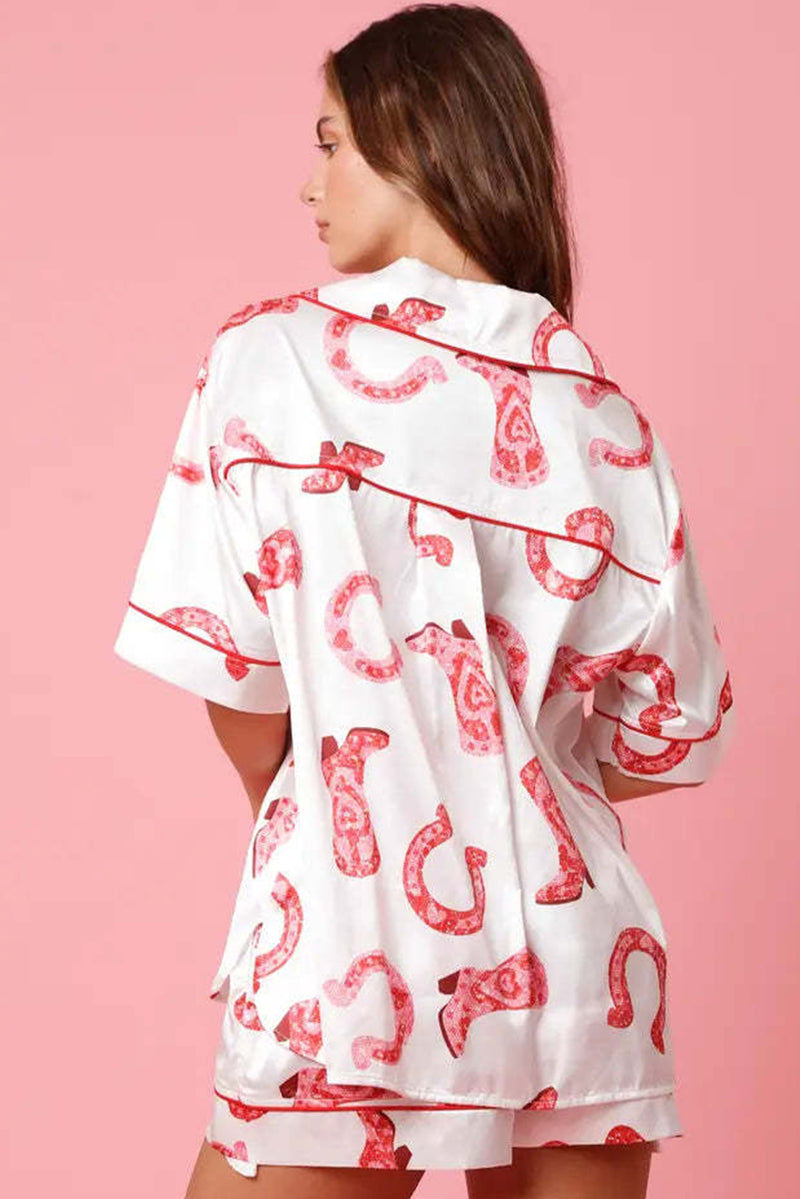White Satin Full Mixed Pattern Shirt and Shorts Pajama Set