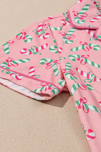 Pink Christmas Candy Cane Print Pocketed Knotted Pajama Set