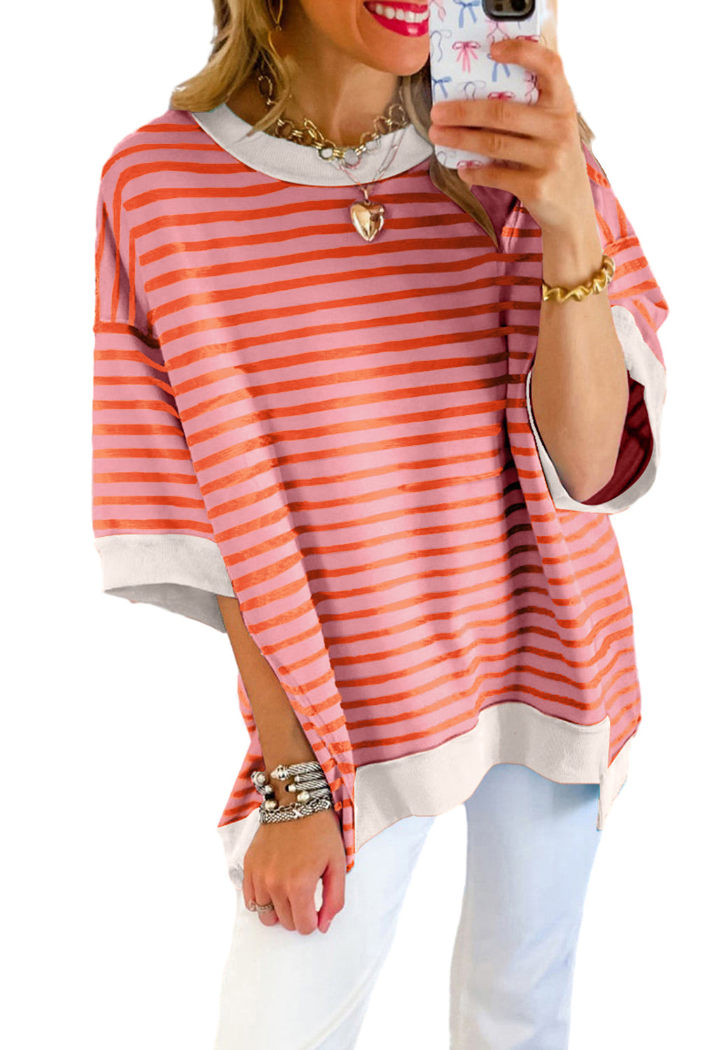 Sky Blue Stripe Contrast Drop Sleeve Loose Top