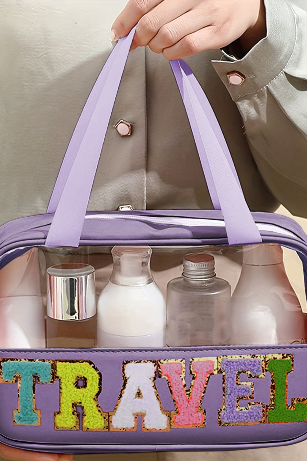 Purple TRAVEL Chenille Letter Clear PVC Makeup Bag