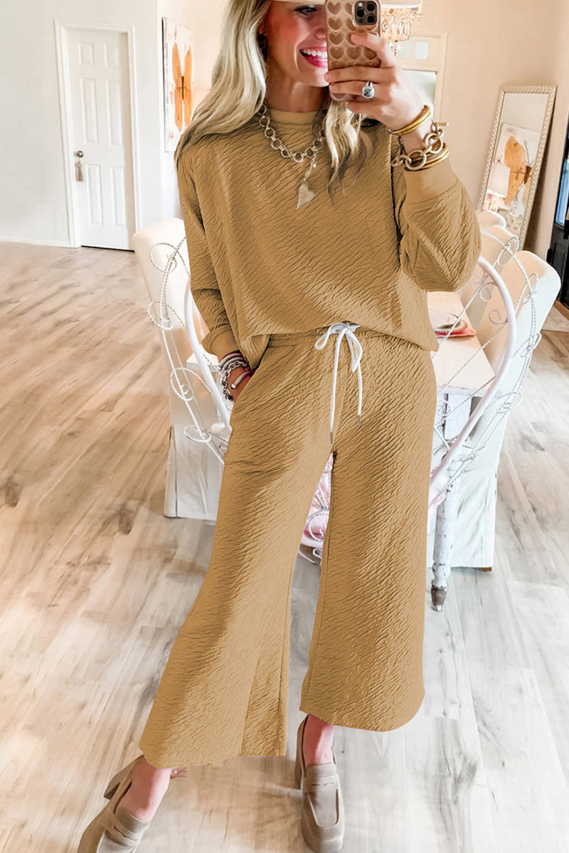 White Solid Color Textured Long Sleeve Top and Pants Set