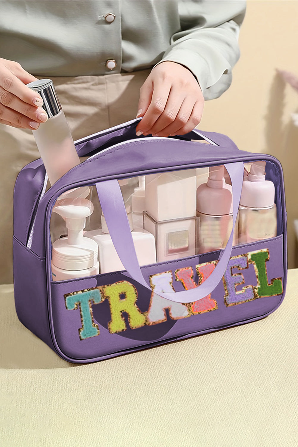 Purple TRAVEL Chenille Letter Clear PVC Makeup Bag