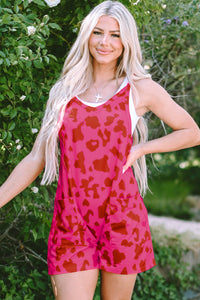 Rose Red Leopard Pocketed V Neck Sleeveless Romper