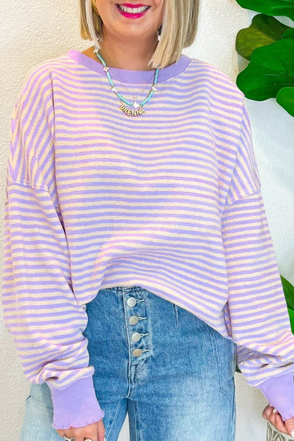 Pink Stripe Drop Shoulder Long Sleeve Top