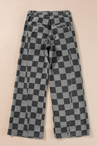 Dark Grey Checkered Denim Wide Leg Jeans