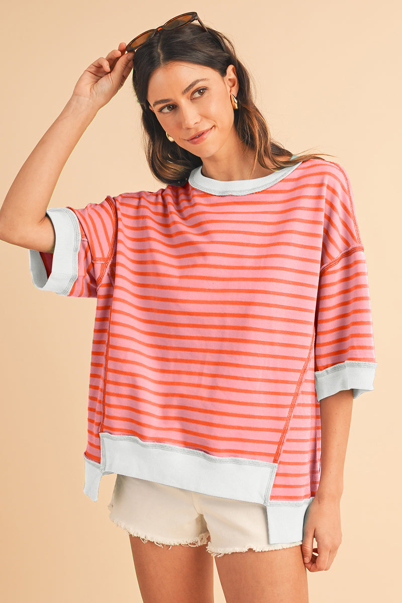 Sky Blue Stripe Contrast Drop Sleeve Loose Top