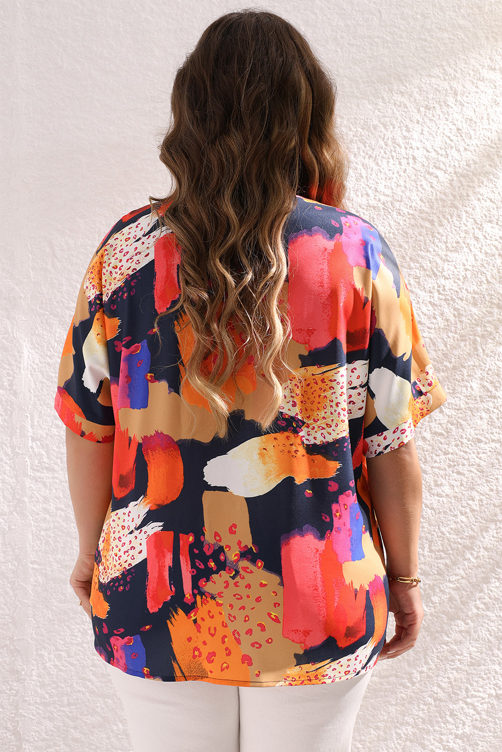 Multicolour Abstract Print V Neck Short Sleeve Plus Size Blouse