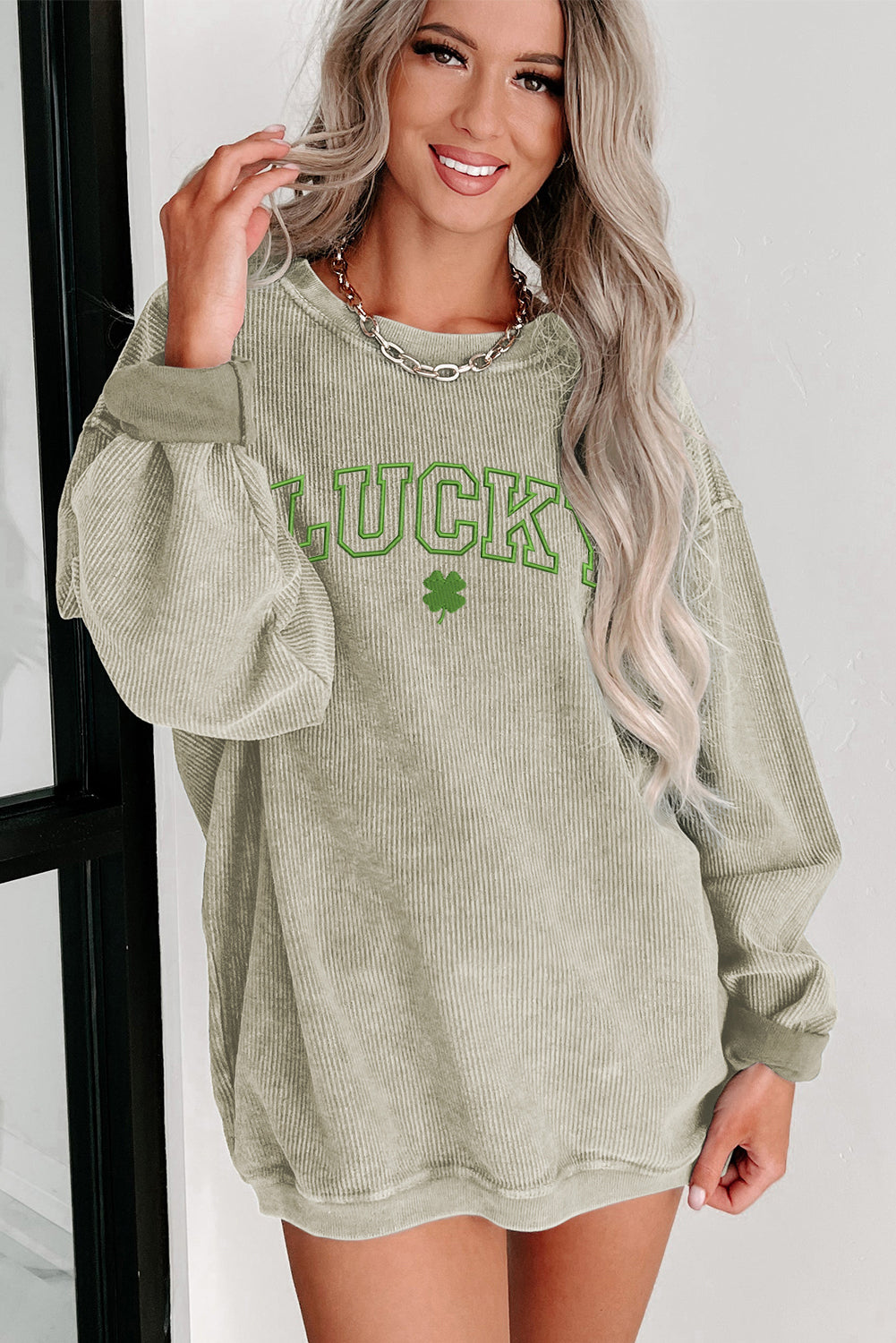 Green LUCKY Clover Graphic Corded Crewneck Sweatshirt