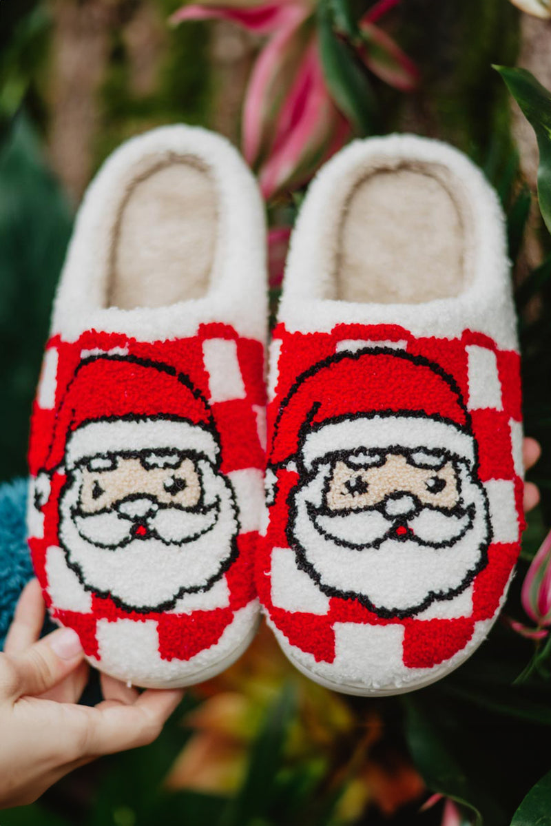 Fiery Red Checkered Santa Claus Graphic Plush Home Slippers