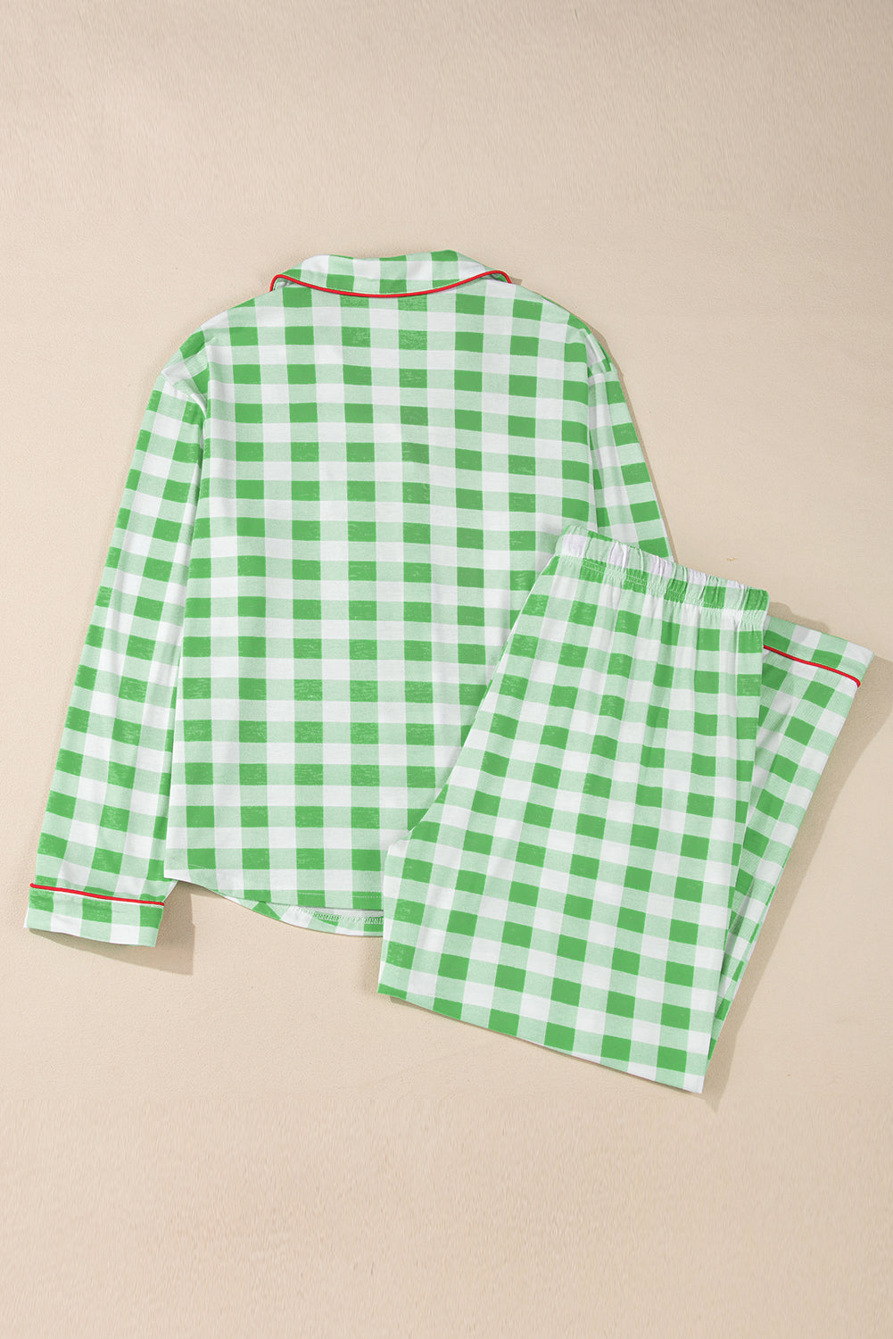 Green Plaid Print Contrast Trim Long Sleeve Plus Size Pajama Set