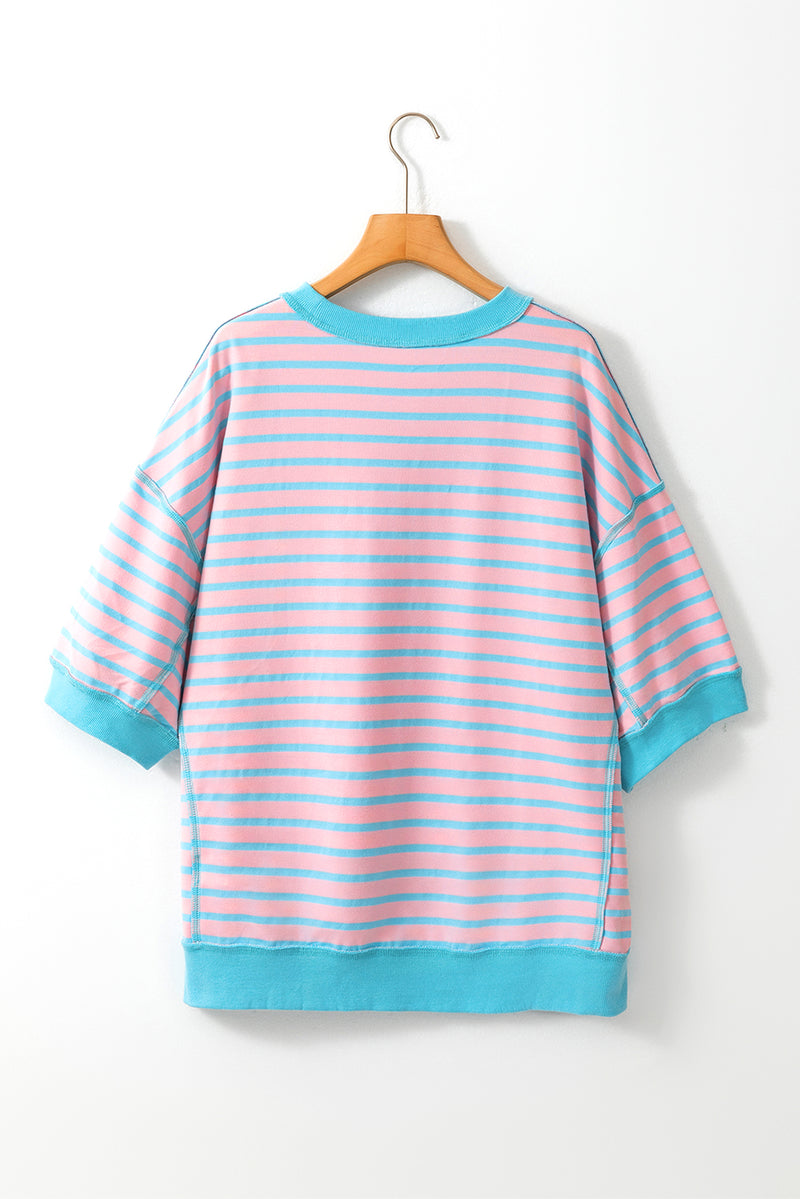 Pink Stripe Oversized Contrast Trim Exposed Seam High Low T Shirt