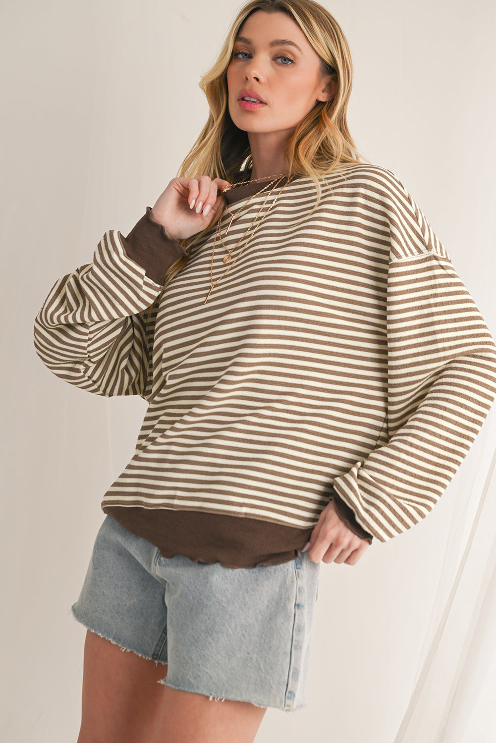 Pink Stripe Drop Shoulder Long Sleeve Top