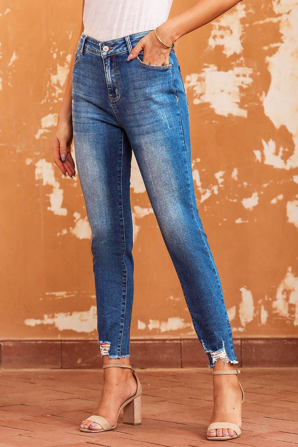 Blue Raw Hem Ankle-length Skinny Jeans