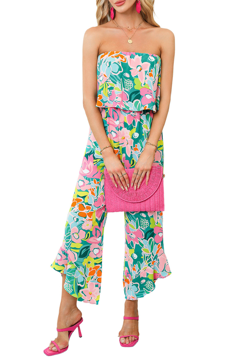 Green Mix Tropical Print Strapless Ruffled Jumpsuit