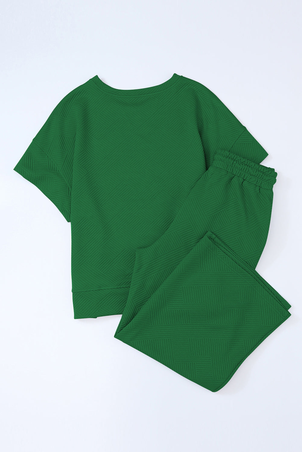 Dark Green Textured Loose Fit T Shirt and Drawstring Pants Set
