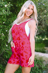 Rose Red Leopard Pocketed V Neck Sleeveless Romper