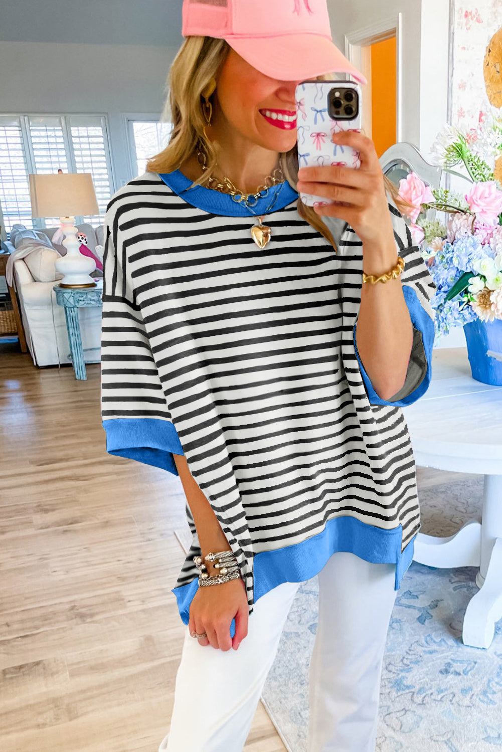 Sky Blue Stripe Contrast Drop Sleeve Loose Top