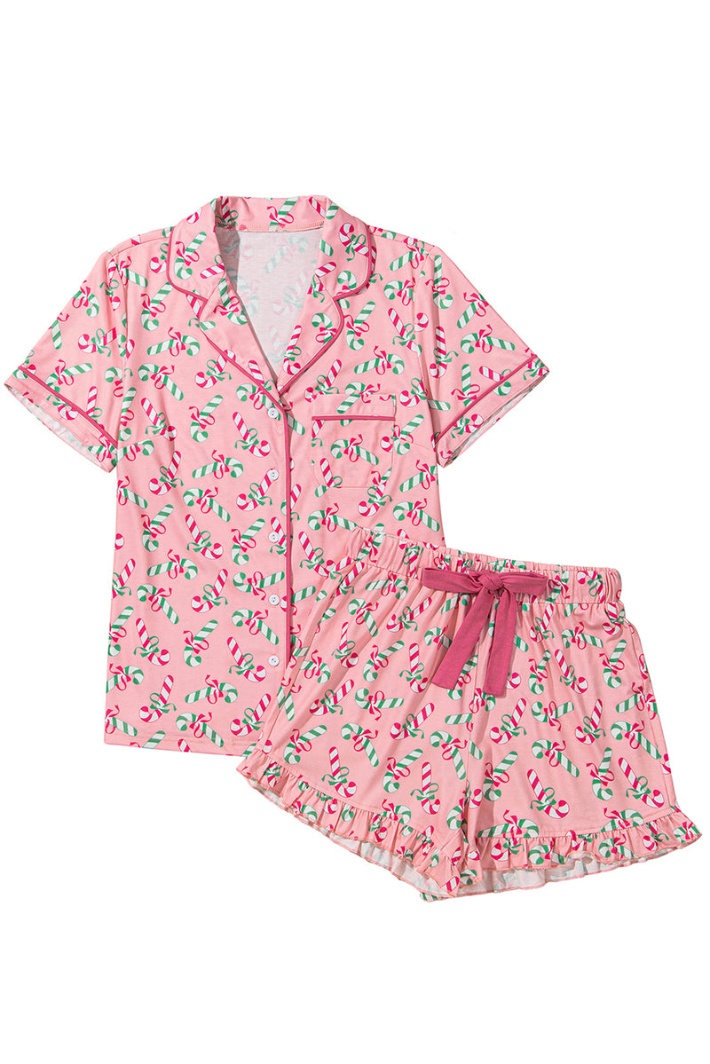 Pink Christmas Candy Cane Print Pocketed Knotted Pajama Set