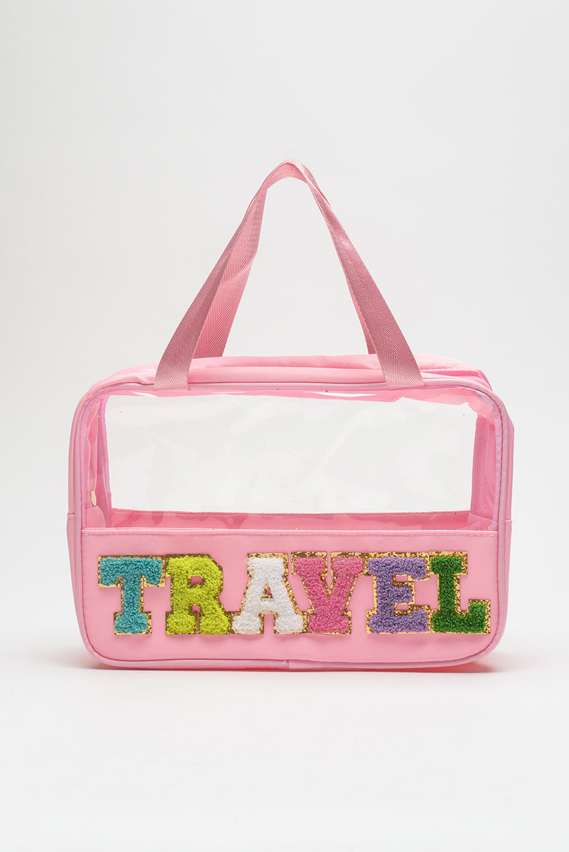 Light Pink TRAVEL Chenille Letter Clear PVC Makeup Bag