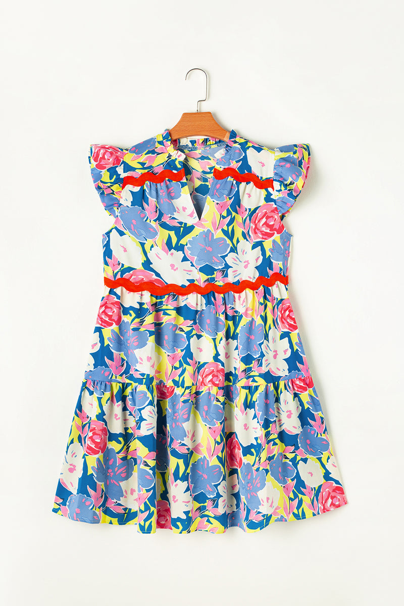 Sky Blue Floral Printed V Notched Ric Rac Flutter Sleeve Dress