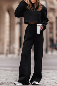 Black Zipped Collared Crop Top and Wide Leg Pants Set