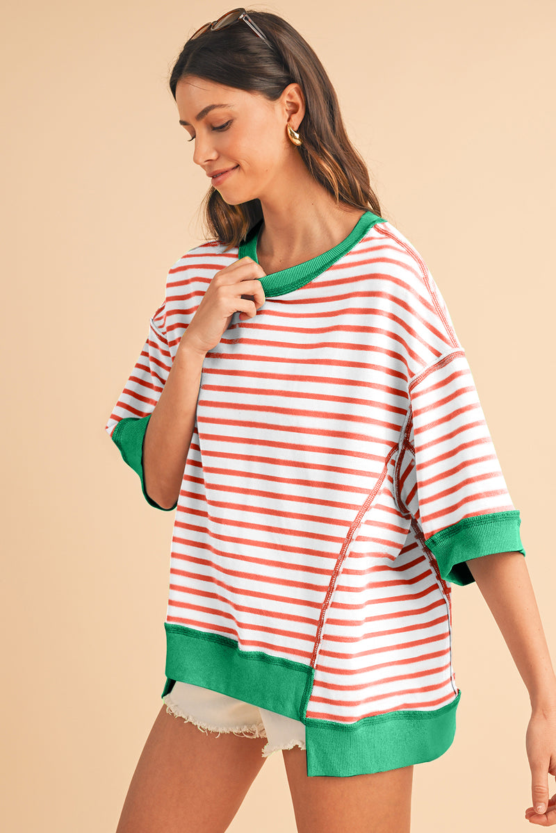 Sky Blue Stripe Contrast Drop Sleeve Loose Top