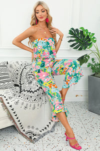 Green Mix Tropical Print Strapless Ruffled Jumpsuit