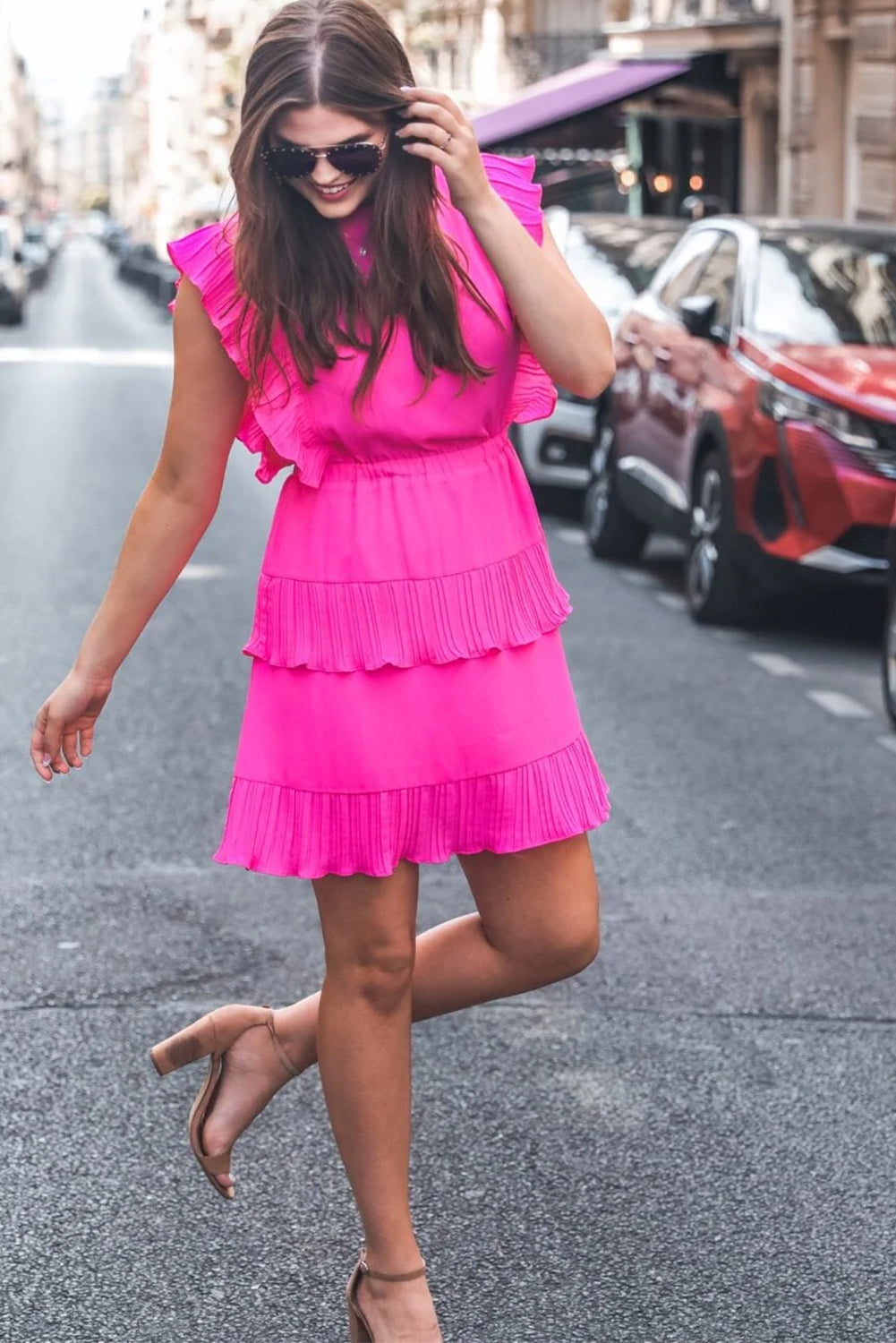 Bright Pink Pleated Layered Ruffle Sleeveless Mini Dress Cupcakes and Cheer Boutique LLC