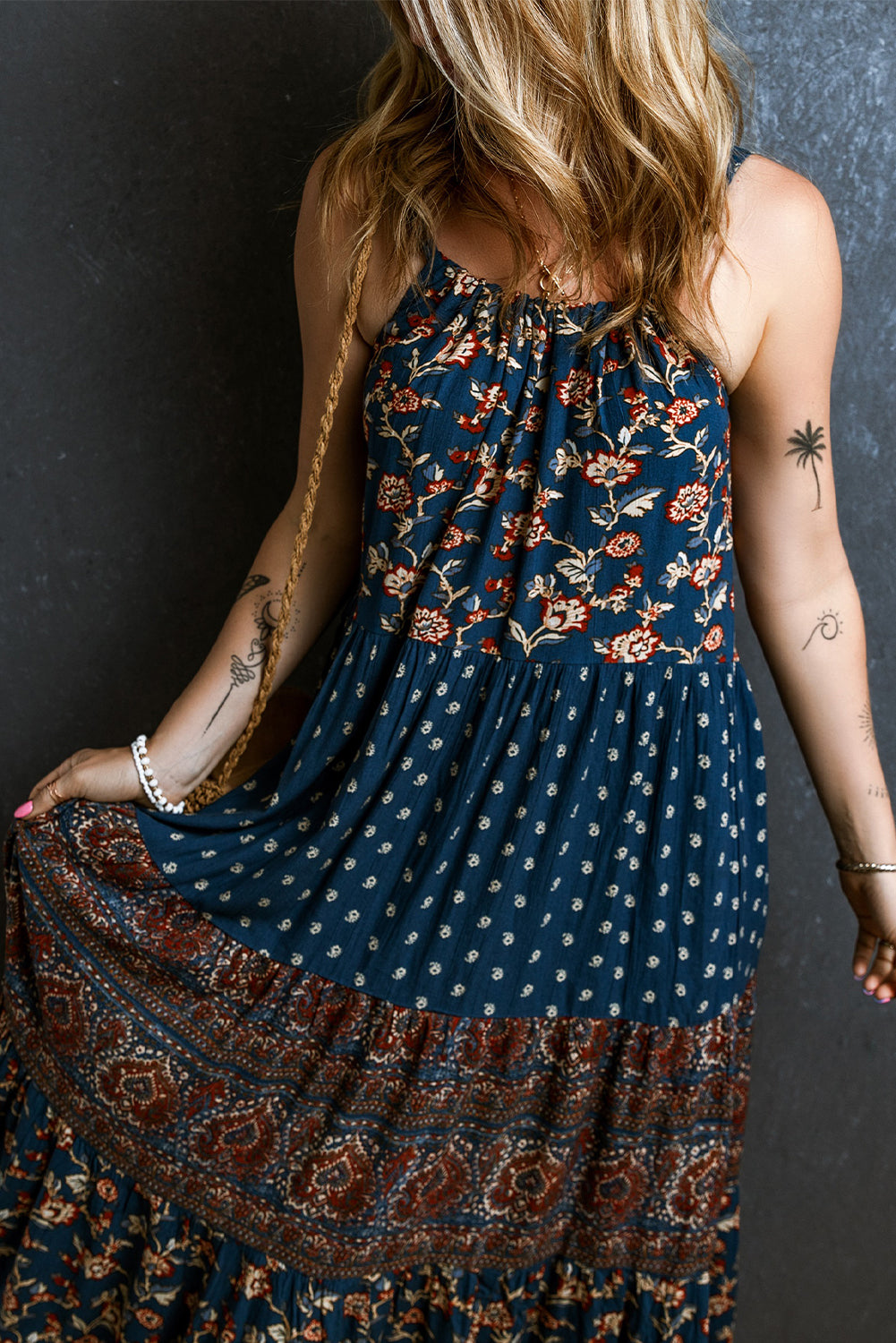 Blue Boho Floral Splicing Sleeveless Maxi Dress