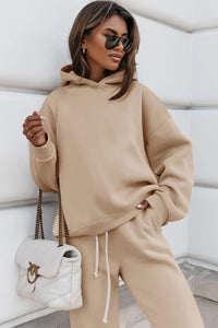 Khaki Solid Color Hoodie and Drawstring Joggers Set